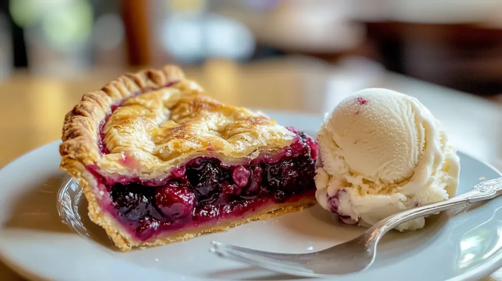 A slice of homemade gooseberry pie with vanilla ice cream, ready to be eaten.