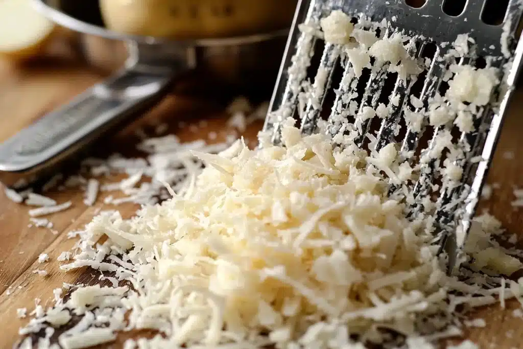 Grated potatoes being prepared for Passover potato pie, part of the Passover potato pie crossword recipe.