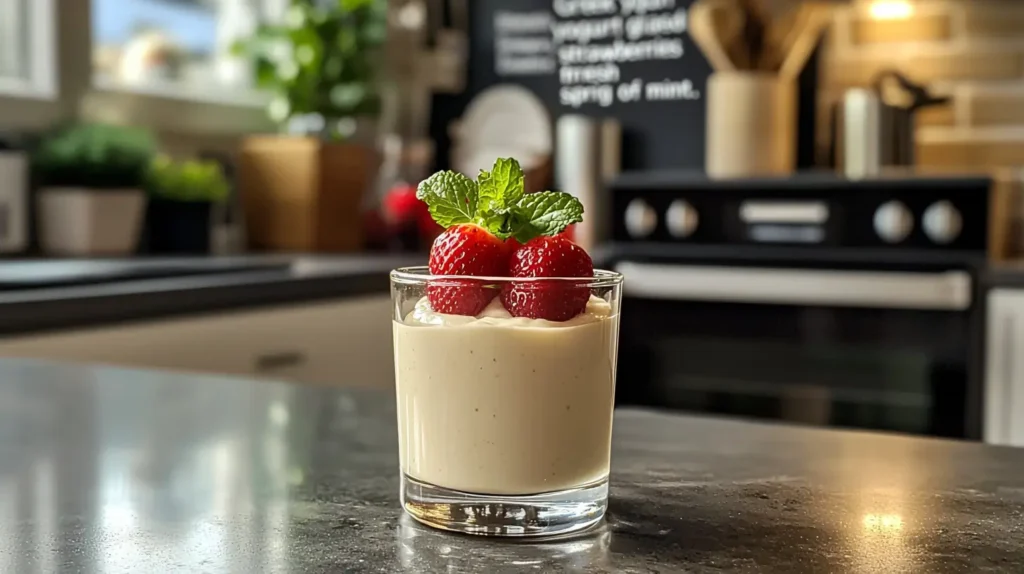 A close-up of a freshly prepared Greek yogurt smoothie in a clear glass, garnished with fresh strawberries and a sprig of mint, set in a bright, modern kitchen.