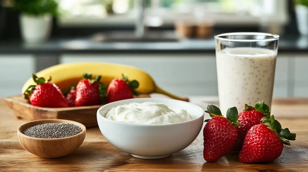 Fresh Greek yogurt in a ceramic bowl, ripe strawberries, a peeled banana, a glass of almond milk, and a wooden bowl of chia seeds arranged on a wooden countertop in a modern kitchen.