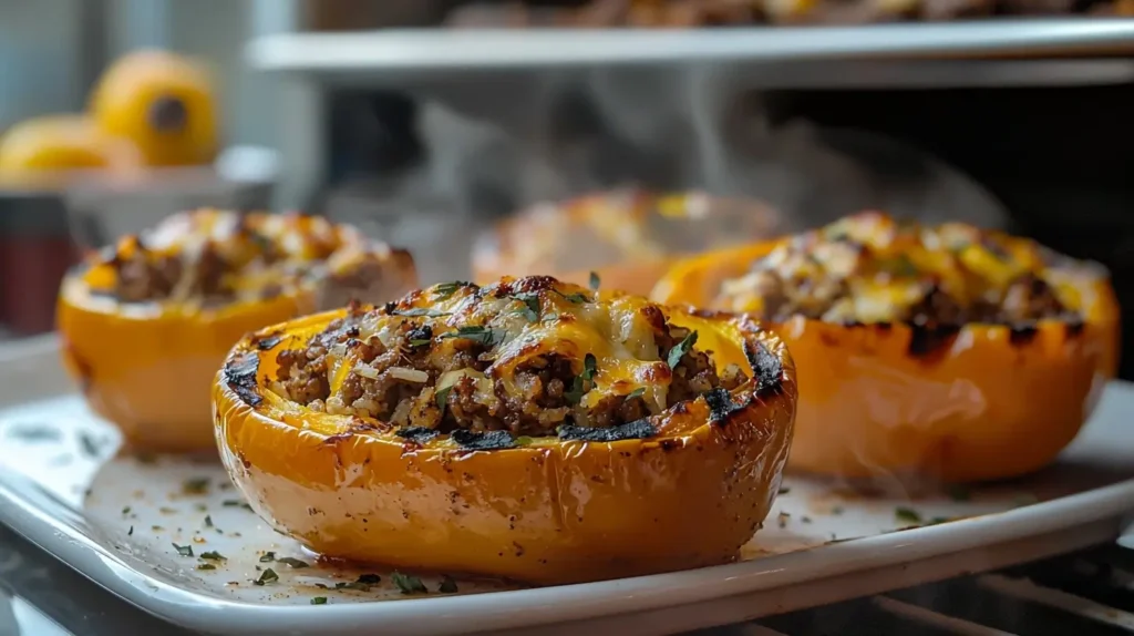 Grilled stuffed peppers with golden-brown char marks, filled with seasoned ground beef, melted cheese, and rice. The dish is served hot on a clean white plate in a modern, brightly lit kitchen.