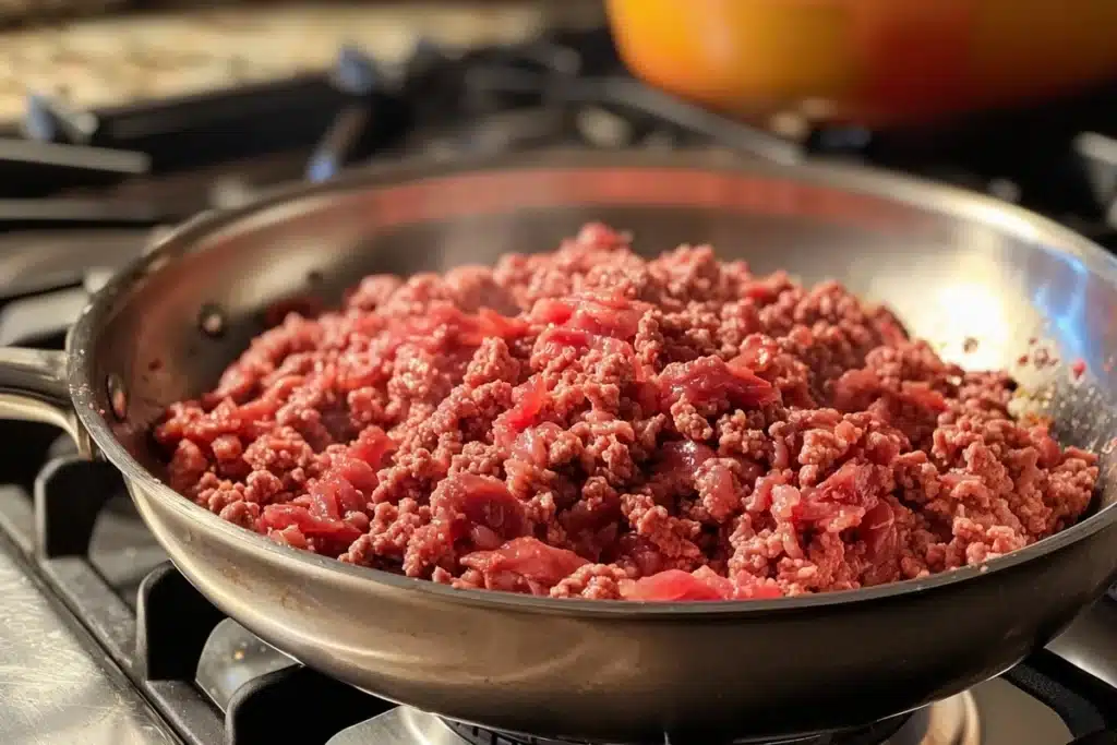 Ground beef cooking in a pan, showing the amount of protein in one pound of ground beef.