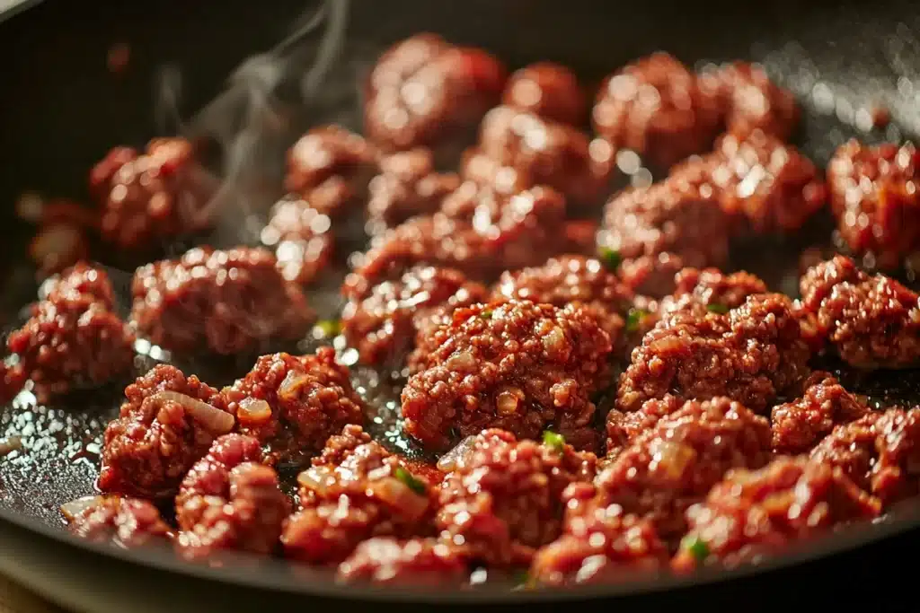 Ground beef cooking in a pan, showcasing the protein in one pound of ground beef