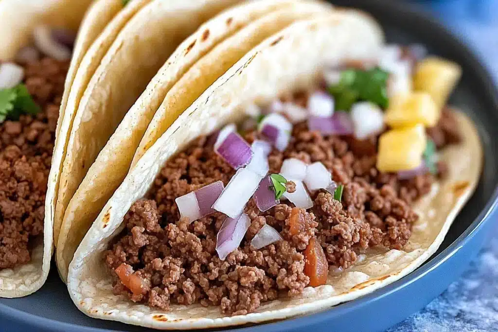 Delicious tacos filled with ground beef.