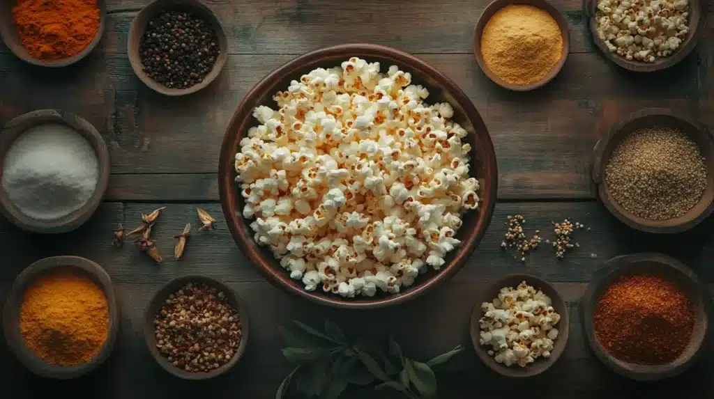 Bowls of popcorn seasoning ingredients for ranch popcorn, including dried herbs and spices.