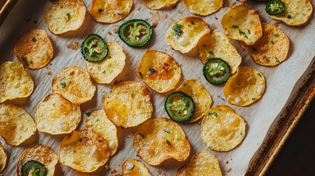 Homemade jalapeno chips on a parchment-lined baking tray.