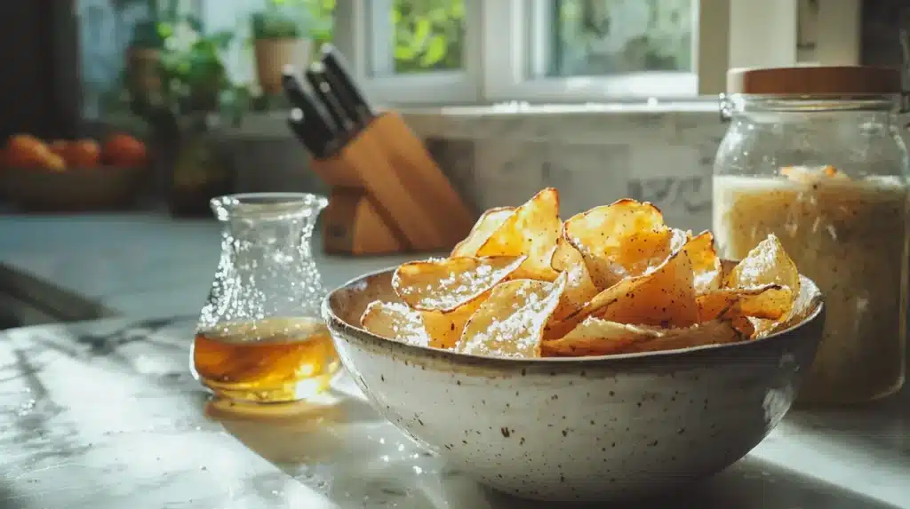 Bowl of freshly made homemade salt and vinegar chips