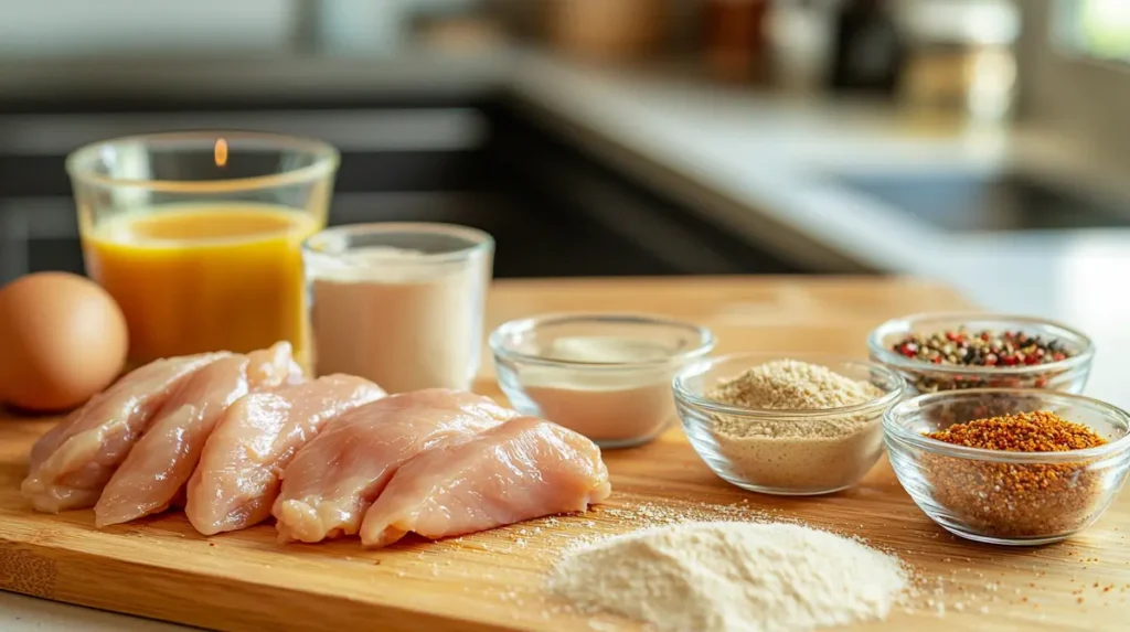 Raw chicken strips, breadcrumbs, beaten eggs, and seasonings arranged on a wooden board in a modern kitchen setting.