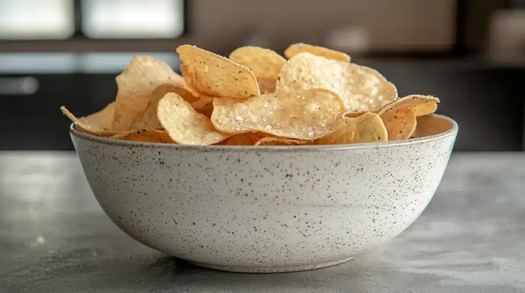 Kettle-cooked jalapeno chips served in a ceramic bowl, lightly salted