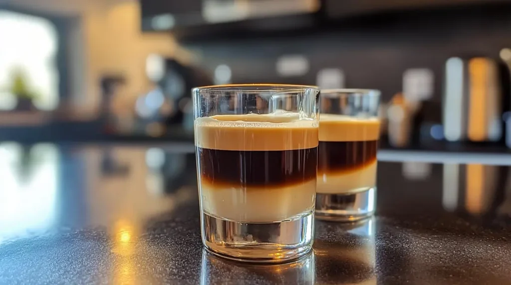 A layered buttery nipple shot in a clear glass