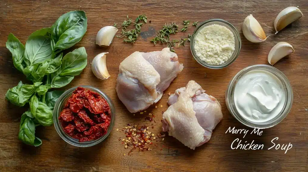 Key ingredients for Marry Me Chicken Soup including chicken, sun-dried tomatoes, heavy cream, garlic, herbs, and parmesan cheese