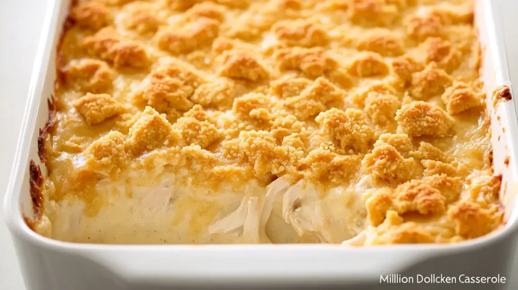 Baked chicken casserole topped with a crispy, golden cracker crust in a white baking dish.