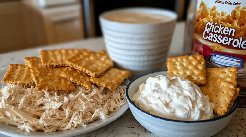 Ingredients for chicken casserole, including cooked shredded chicken, cream cheese, sour cream, and crackers.