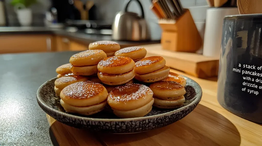 Stack of delicious mini pancakes drizzled with syrup