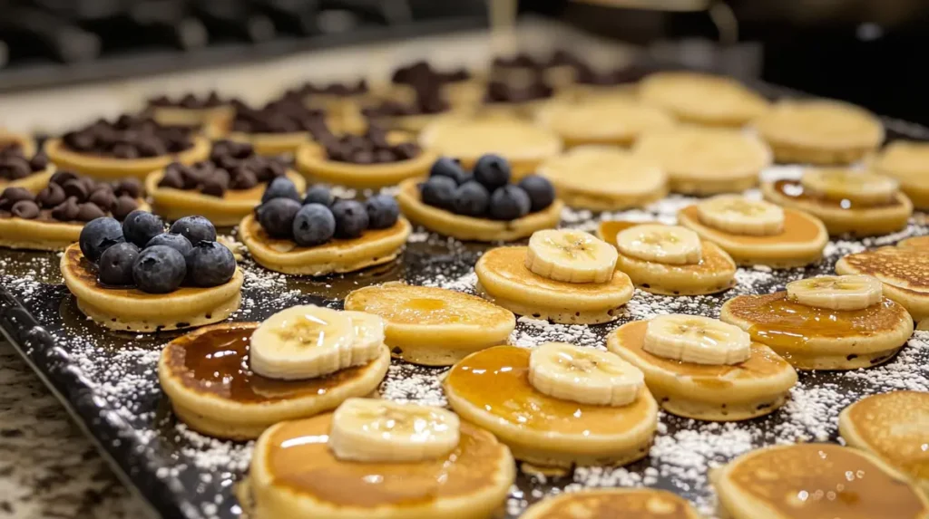 Mini pancakes with various toppings like chocolate chips, blueberries, and syrup