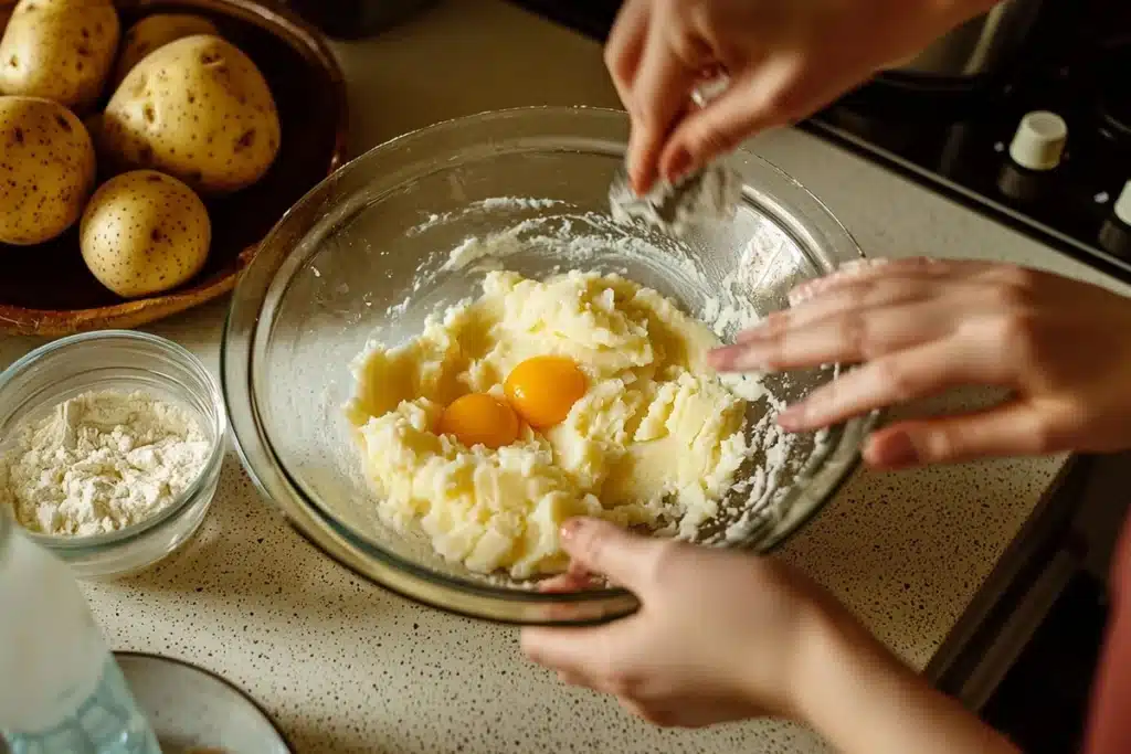 Mixing the ingredients for a Passover potato pie, a key step in mastering the Passover potato pie crossword.