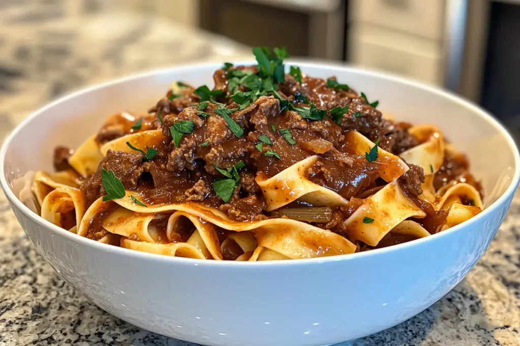 Freshly cooked pappardelle pasta in a rich beef ragu sauce, served in a modern white bowl, garnished with fresh parsley in a stylish kitchen.