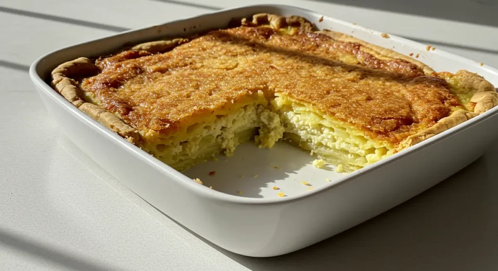 Passover Potato Pie baked to golden perfection in a sleek white dish, served fresh and ready to eat.