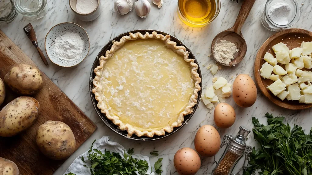 Passover potato pie ingredients arranged for a delicious recipe