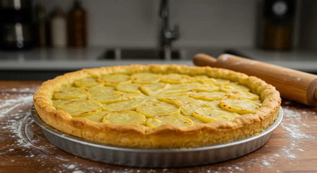 Passover potato pie preparation with the mixture and being baked