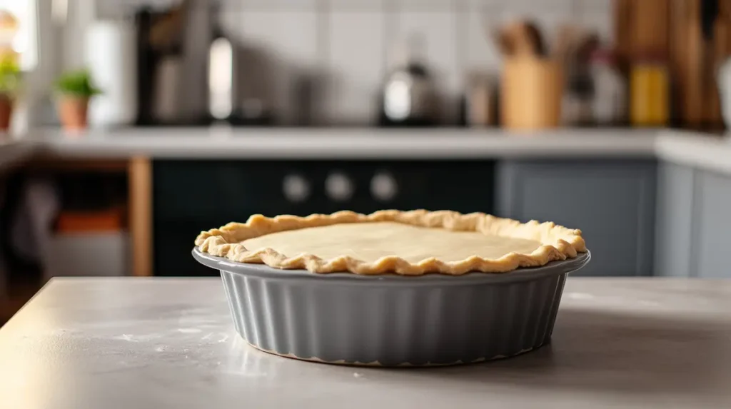 Pie dough placed in a dish, ready for the gooseberry pie filling.