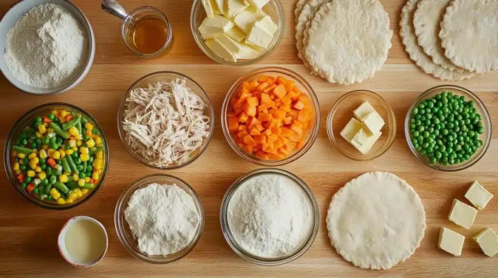 Fresh ingredients for a chicken pot pie, including cooked chicken, vegetables, butter, flour, chicken broth, and pie crusts.