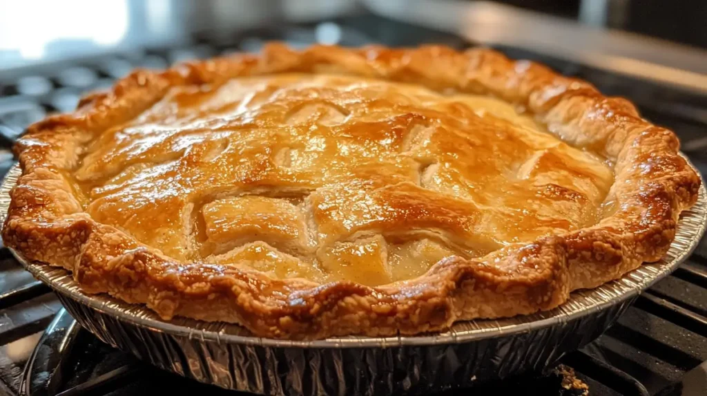 Homemade chicken pot pie with a golden flaky crust and creamy filling.