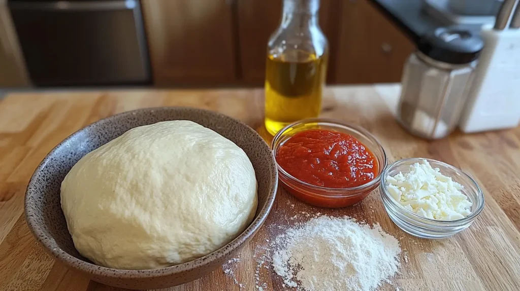 Pizza pie ingredients: dough, tomato sauce, mozzarella cheese, olive oil, and flour, neatly arranged on a wooden countertop in a home kitchen.