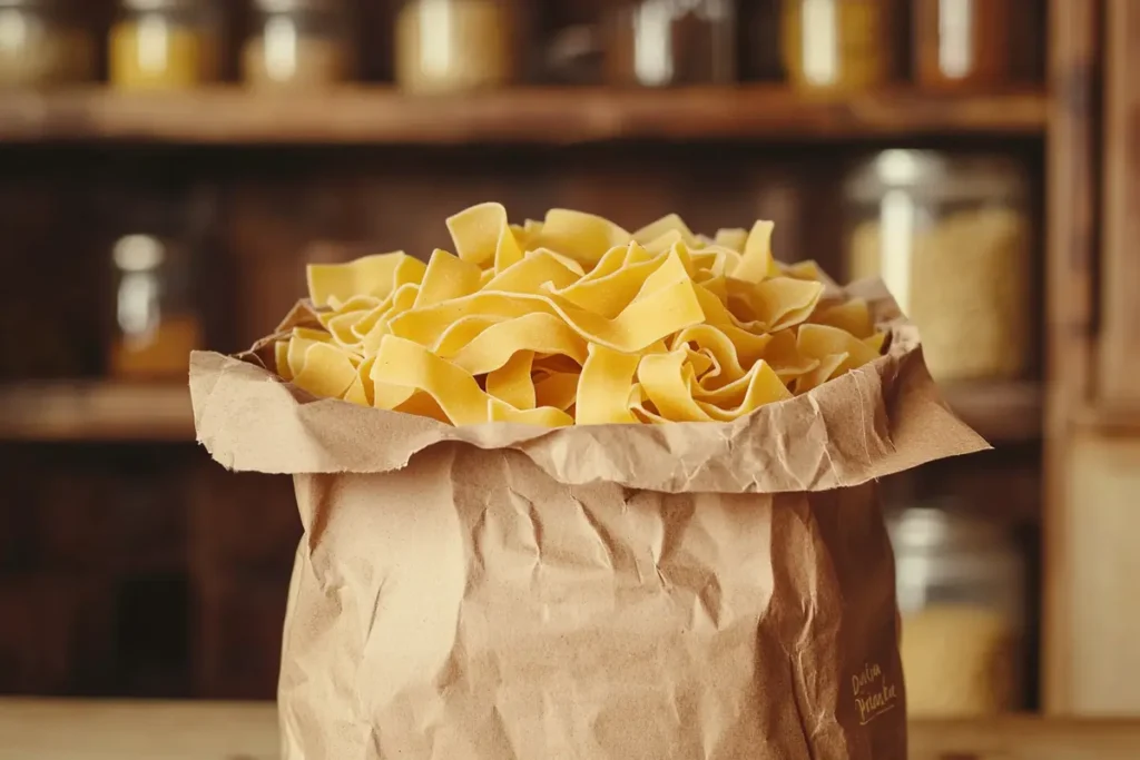 Nests of pappardelle pasta in a brown paper bag labeled 'Durum Wheat Pasta,' with a rich golden-yellow color, stored in a clean kitchen pantry.