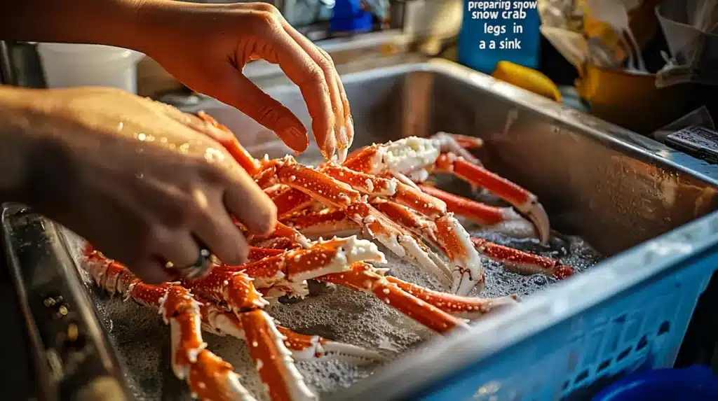 Hands rinsing and prepping snow crab legs before broiling