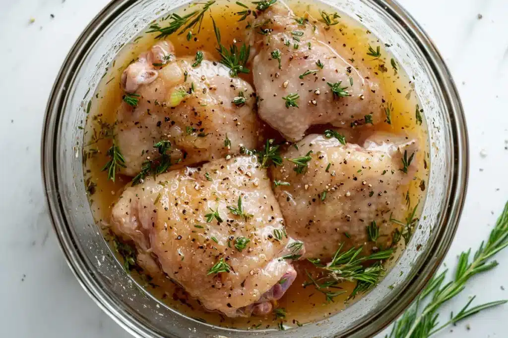 Raw chicken thighs soaking in a bowl of brine with visible herbs and seasoning on a clean kitchen countertop, ready for smoking.