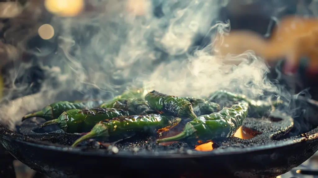 Serrano peppers roasting over an open flame on a stovetop grill