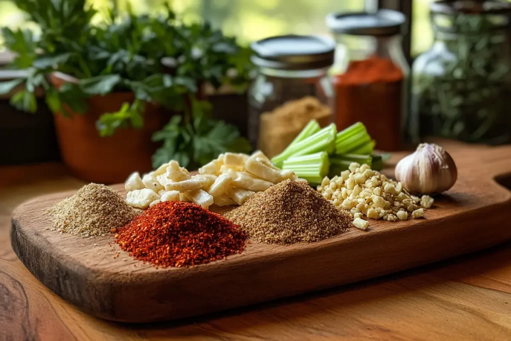 Wooden board with paprika, garlic flakes, crushed peppers, Romano cheese, and celery seeds arranged for seasoning blend preparation in a rustic kitchen.