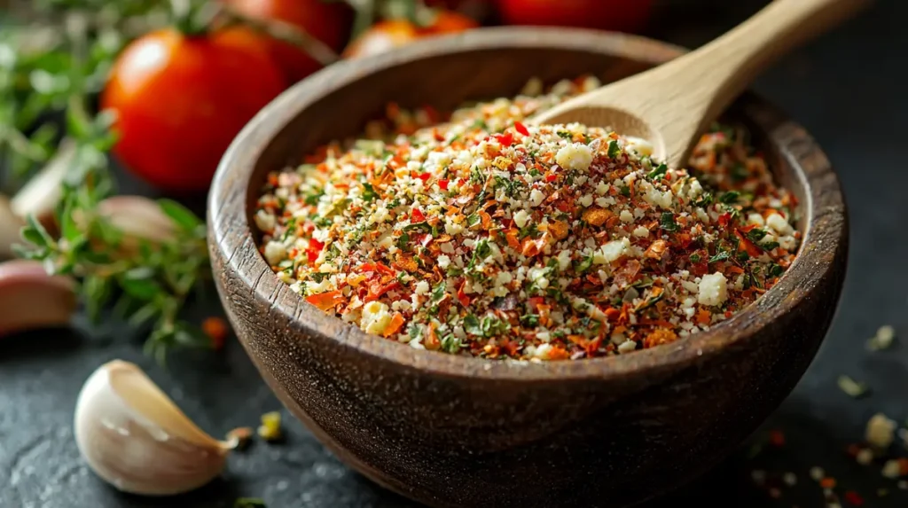 Salad Supreme seasoning in a wooden bowl with crushed peppers, garlic, and herbs.