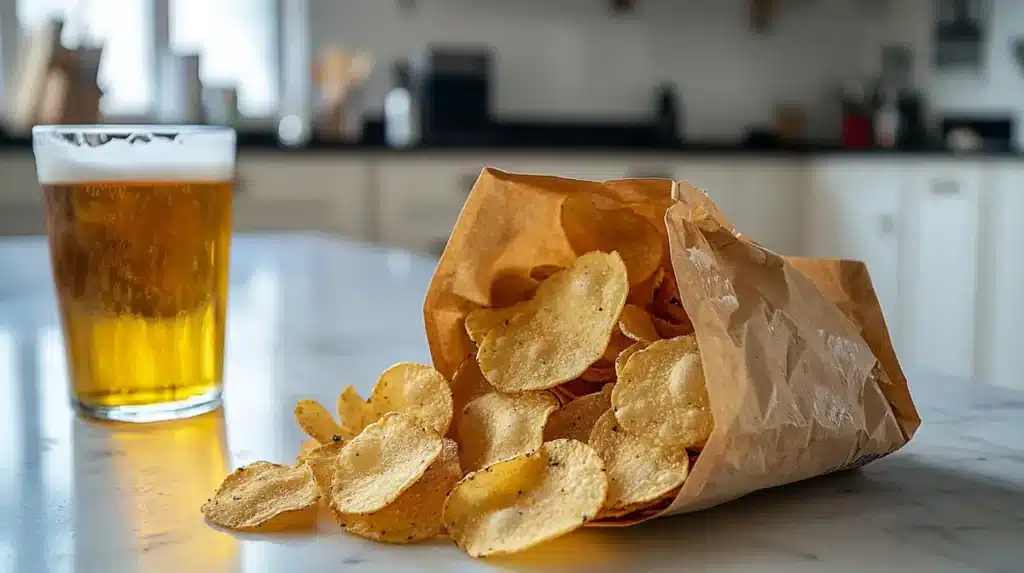 Salt and vinegar chips paired with a glass of beer