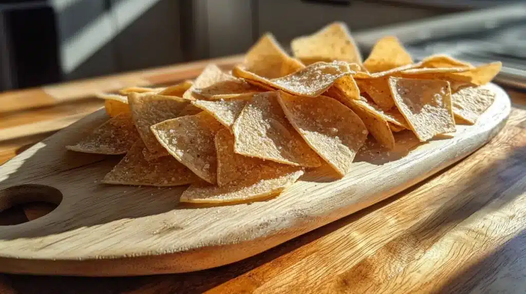 Close up view of crispy salt and vinegar chips on a wooden board