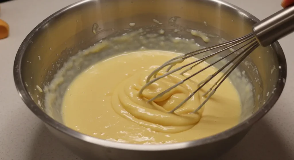 Scrambled pancake batter being whisked in a bowl.