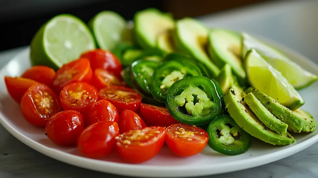 Fresh sliced Serrano peppers with avocado, tomatoes, and lime on a white plate