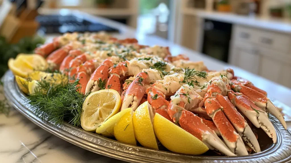 Platter of snow crab legs garnished with lemon and herbs.