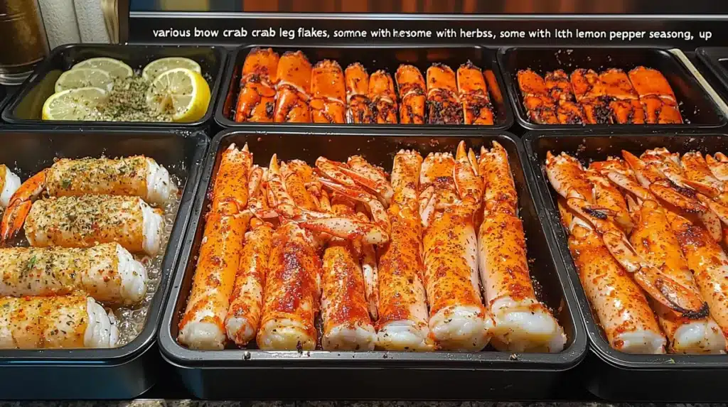 Broiled snow crab legs ready to serve with melted butter and lemon wedges.