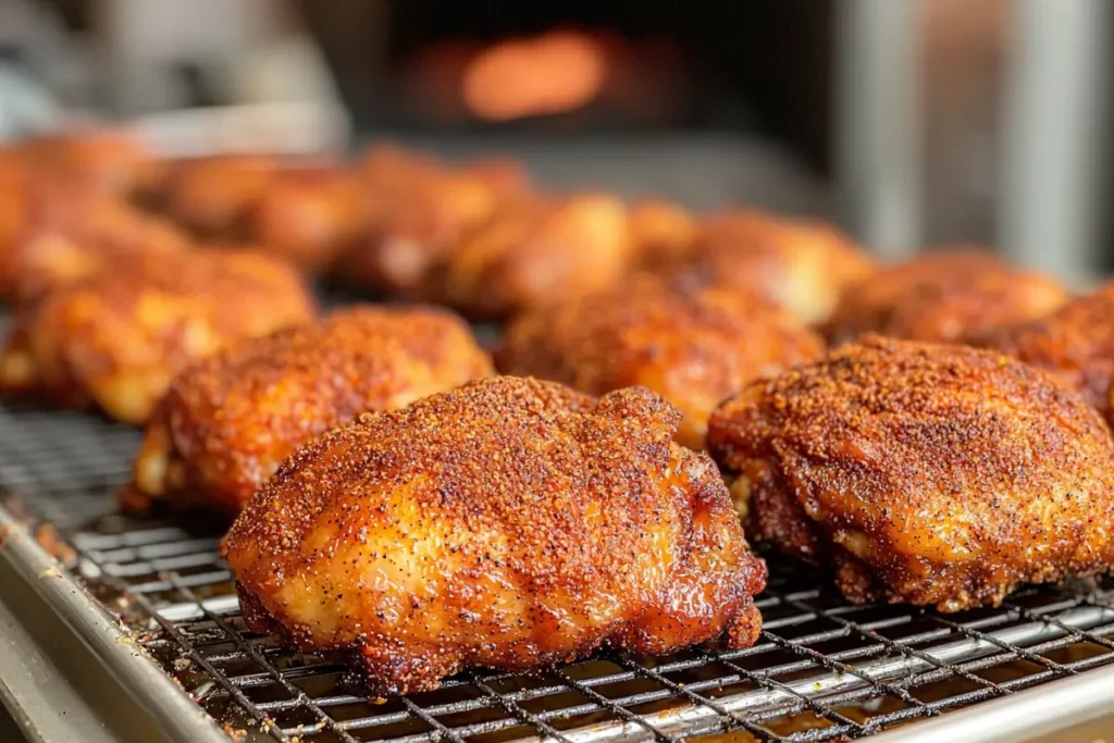 Crispy golden-brown smoked chicken thighs resting on a wire rack over a metal baking tray with a grill in the background.