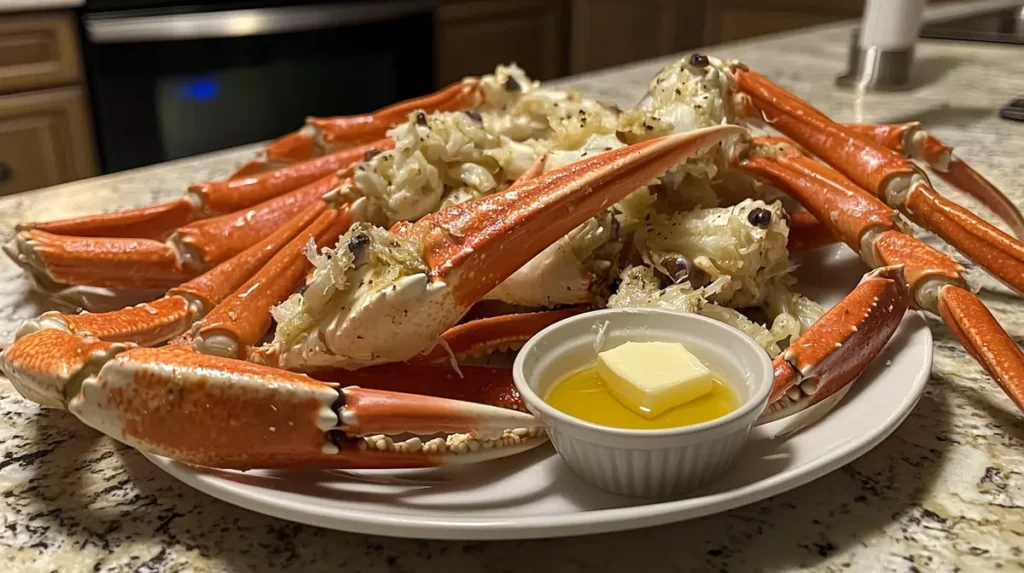 Fresh snow crab legs on a white plate ready to be eaten.