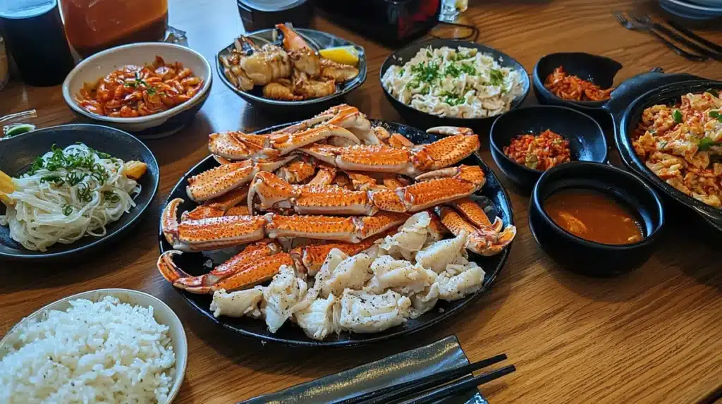 Snow crab legs served with sides and sauces.