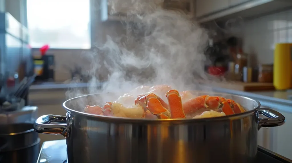 Snow crab legs being steamed in a pot