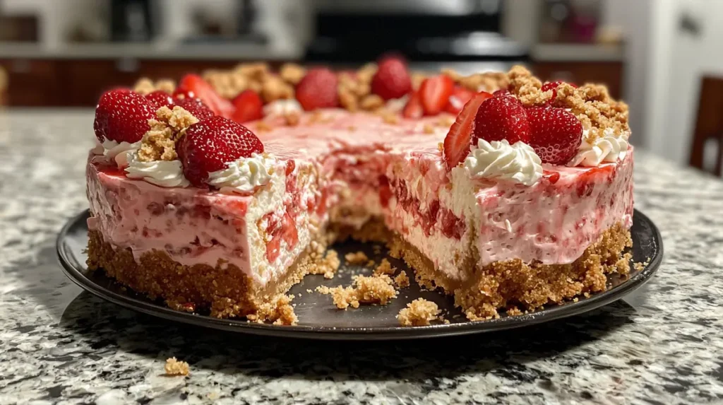 Creamy strawberry crunch cheesecake with visible layers