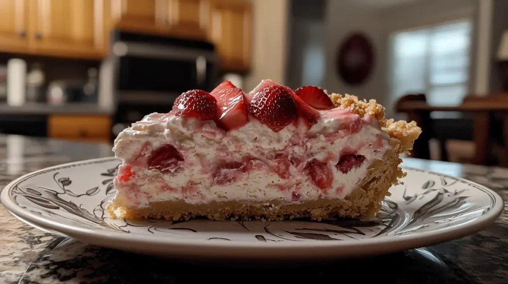  A slice of delightful strawberry crunch cheesecake.