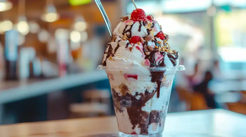 A sundae in a reusable ice cream cup with toppings