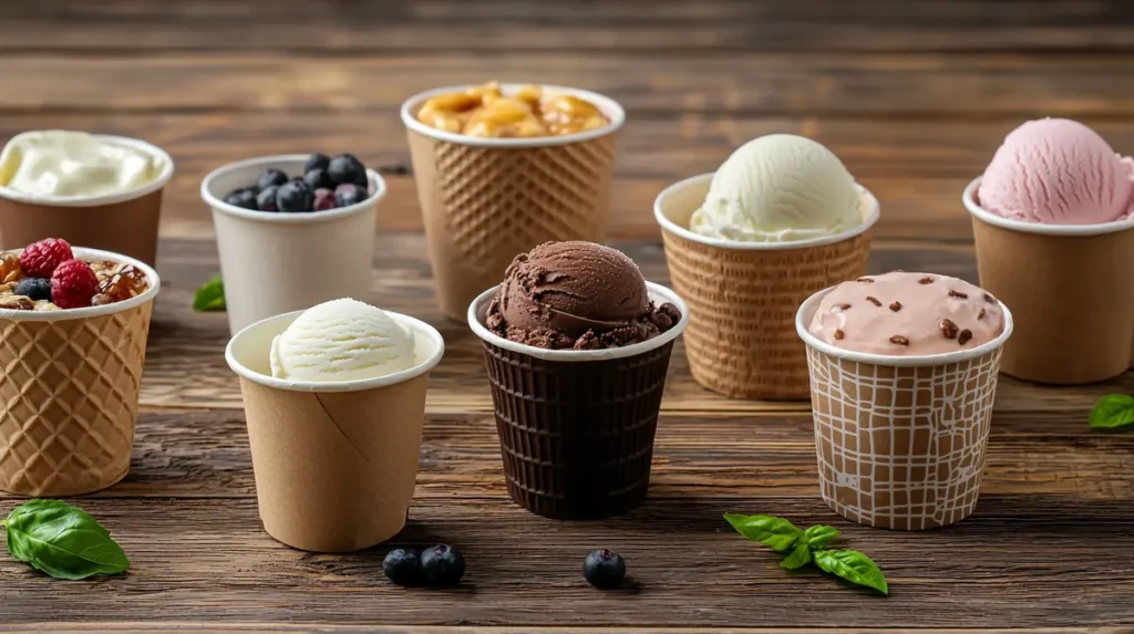  Various types of ice cream cups including paper, plastic and eco-friendly options.