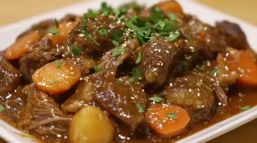 Slow-cooked venison roast with carrots and baby potatoes garnished with fresh parsley, served on a white platter