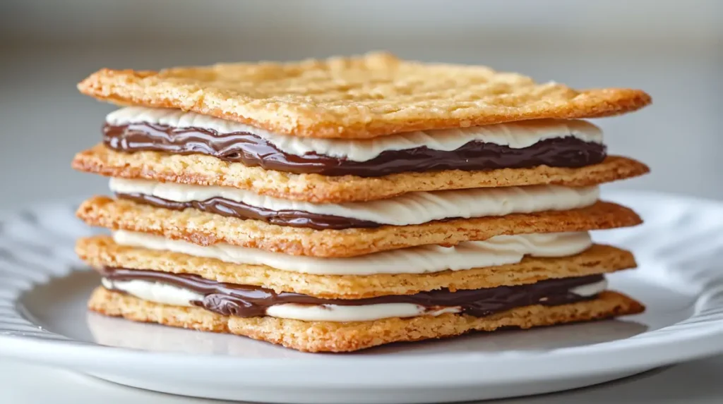 Stack of crispy wafer cookies with creamy filling on a white plate